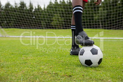 Low section of male soccer player with ball on field