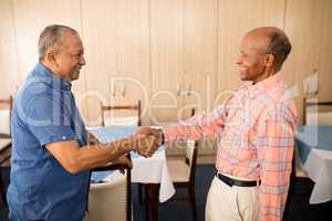 Smiling senior man doing handshake with friend