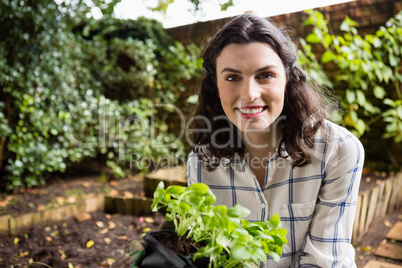 Smiling woman holding sapling plant in garden