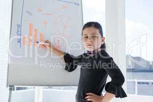 Businesswoman with hand on hip writing on whiteboard