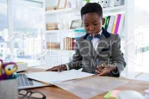 Businessman checking file while sitting at desk