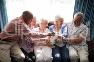 Smiling senior friends playing with rabbit at nursing home