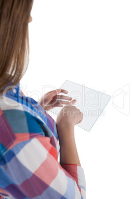 Girl using a glass digital tablet against white background