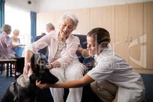 Portrait of smiling female doctor kneeling by senior woman stroking puppy