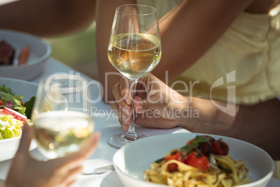 Fiends having a glass of wine while having in restaurant