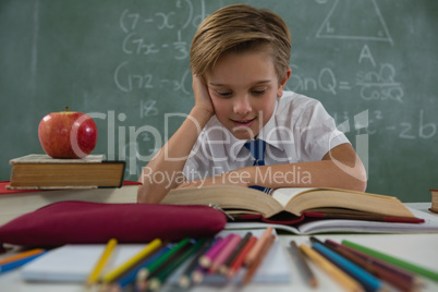 Schoolboy reading book in classroom