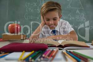Schoolboy reading book in classroom