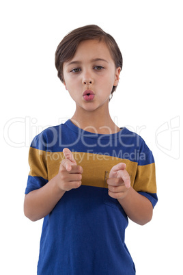 Happy boy posing against white background