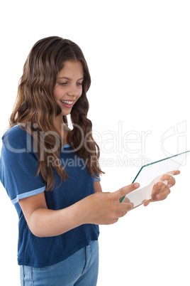 Girl using a glass digital tablet