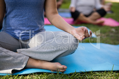 Cropped image of trainer meditating while sitting with trainers