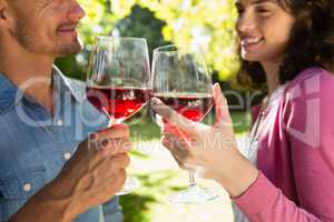 Romantic couple toasting glass of wine in park