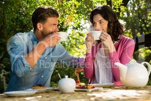 Couple having cup of tea in garden