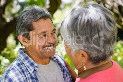 Romantic senior couple looking face to face in garden