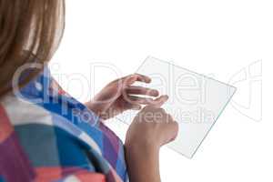 Girl using a glass digital tablet against white background