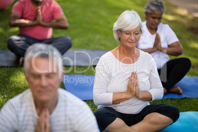 Senior woman with closed eyes meditating while sitting with friends