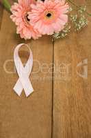 High angle view of pink Breast Cancer Awareness ribbon by gerbera flowers