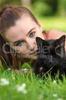 Beautiful Blue Eyed Female Girl Teenager With Black Cat