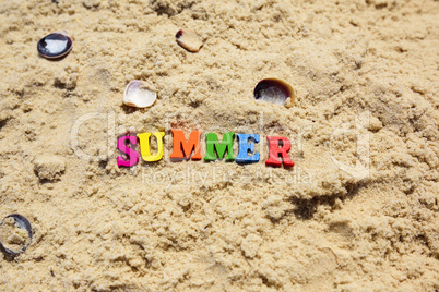 Inscription summer on sand with seashells