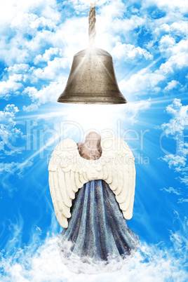 Angel With White Wings Standing Beneath A Church Bell In Heaven