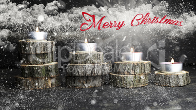 Merry Christmas. Christmas candles burning, decoration on wooden