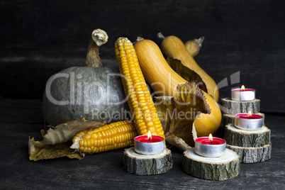 Pumpkin, Corncob, autumn leaves and burning candles Decoration o