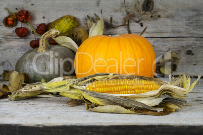 Happy Thanksgiving Day, Decoration on a wooden table with Pumpki