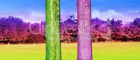 Colorfull Tree Trunks Close up in the Park. Abstract Psychedelic