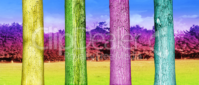 Colorfull Tree Trunks Close up in the Park. Abstract Psychedelic