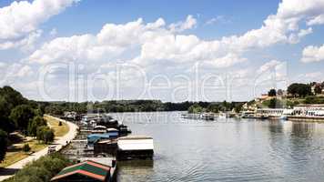 Panorama of Belgrade with river sava with fluffy clouds