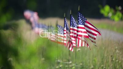 Long Row of American Flags On Fence Waving in the Wind.