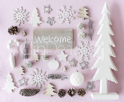 Christmas Decoration, Flat Lay, Text Welcome