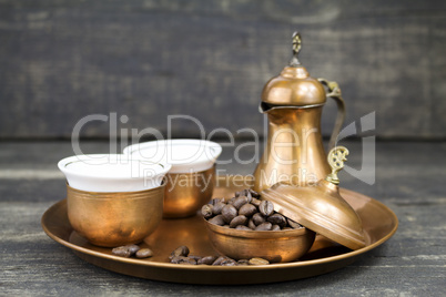 Turkish coffee with traditional copper serving set