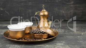 Turkish coffee with traditional copper serving set