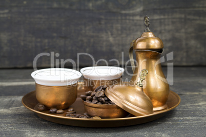 Turkish coffee with traditional copper serving set