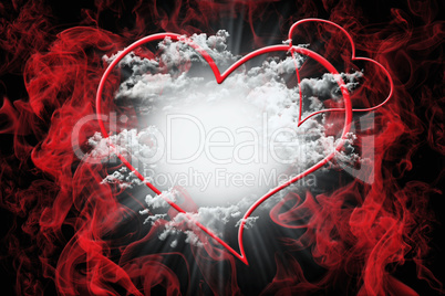Hearts and White Fluffy Clouds With Red Smoke. Valentine's Day C