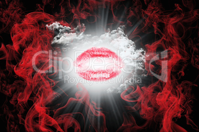 Kiss With Red Smoke and White Fluffy Clouds. Valentine's Day Con