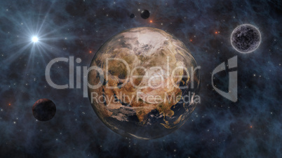 Planet Earth, The Sun, The Moon and Planets In Space 3D Renderin