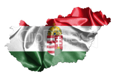 Hungarian National Flag And Map Waving in the Wind Isolated on W