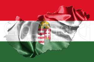 Hungarian National Flag And Map Waving in the Wind Isolated on W