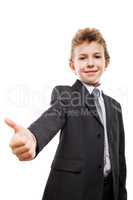 Smiling young businessman child boy gesturing thumb up success s