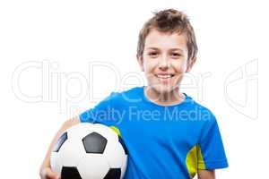 Handsome smiling child boy holding soccer ball