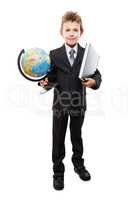 Child boy in business suit holding Earth globe and book