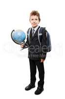 Pupil in business suit holding Earth globe and school backpack