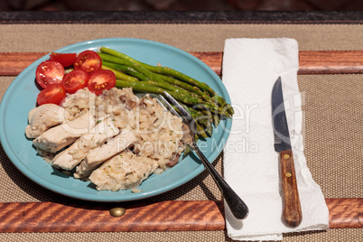 Sauteed pork and asparagus with mushroom risotto