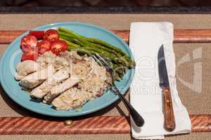 Sauteed pork and asparagus with mushroom risotto