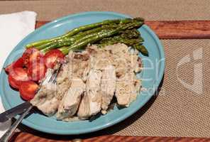 Sauteed pork and asparagus with mushroom risotto