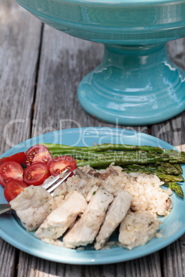 Sauteed pork and asparagus with mushroom risotto