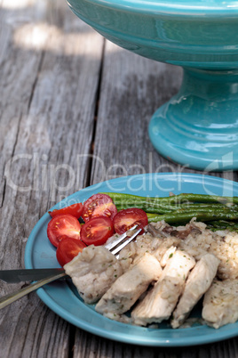 Sauteed pork and asparagus with mushroom risotto