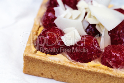 Red raspberry tart pastry with a cookie crust and white chocolat