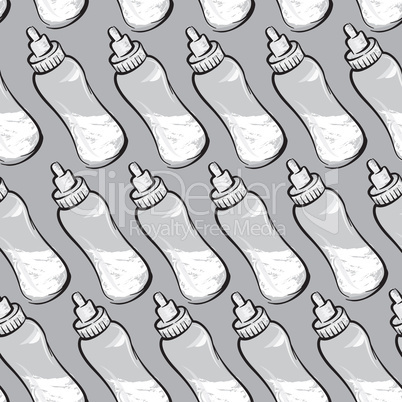 Baby bottle with milk seamless pattern. Baby care drawn backgrou